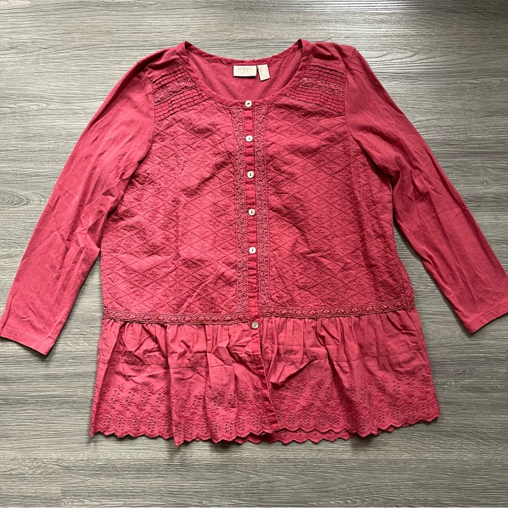 Pink Boho Lace Trim Flowy Long-Sleeved Button Top